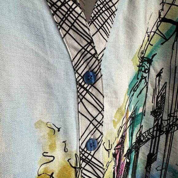 Ali Miles Mandarin Collar Tunic 3/4 Sleeve Button Front Blouse Top L City Print - Picture 5 of 12
